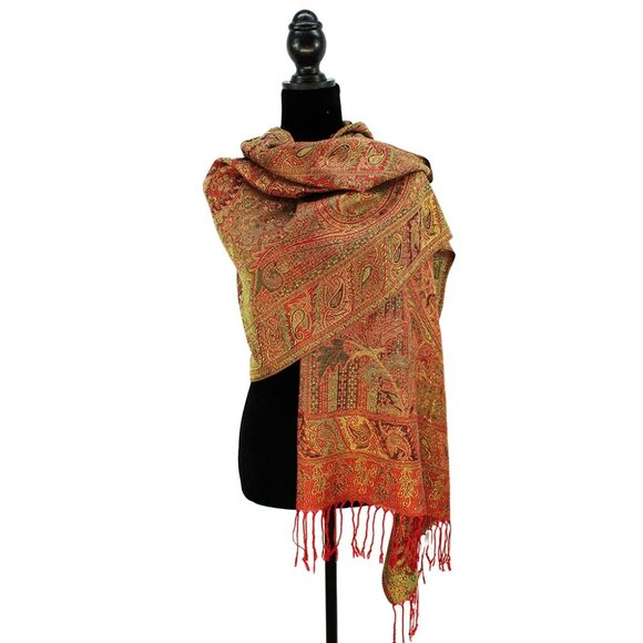 Metallic Weave Paisley Green Orange Pashmina Style Boho Bohemian Scarf Shawl - Picture 2 of 4